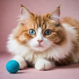 A wonderfully vibrant image of a fluffy, playful cat with bright, curious eyes, poised as if about to pounce on a toy.