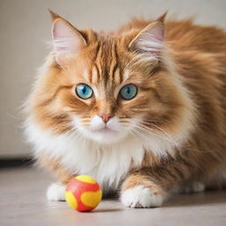 A wonderfully vibrant image of a fluffy, playful cat with bright, curious eyes, poised as if about to pounce on a toy.