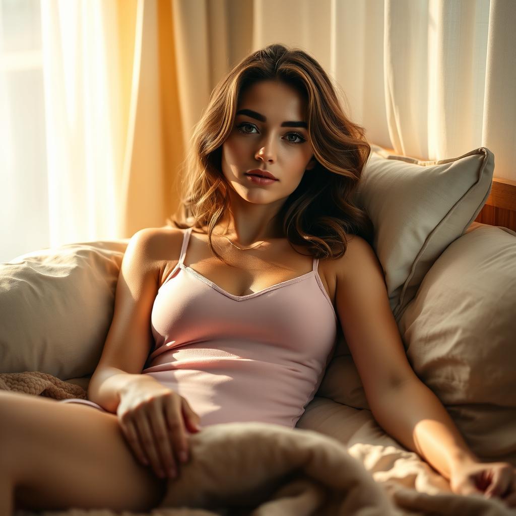 A young European woman with wavy hair, relaxing in a sun-soaked bedroom, wearing a delicate pink camisole and matching underwear