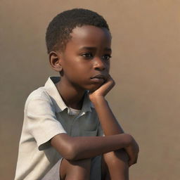 Animations are not supported; however, here's the revised request: A full-body portrayal of a thoughtful African boy, deeply engrossed in his thoughts.