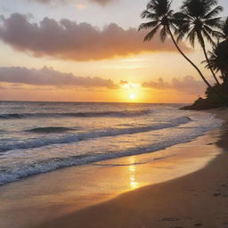 A scenic sunset depicting warm hues engulfing a serene beach with waves gently crashing against the sandy shore, silhouettes of palm trees swaying slightly in the evening breeze.