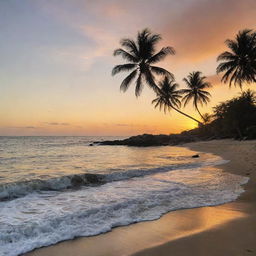 A scenic sunset depicting warm hues engulfing a serene beach with waves gently crashing against the sandy shore, silhouettes of palm trees swaying slightly in the evening breeze.