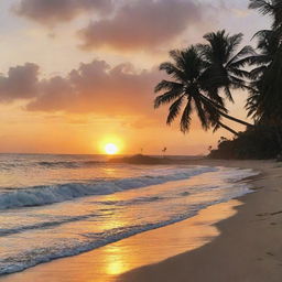 A scenic sunset depicting warm hues engulfing a serene beach with waves gently crashing against the sandy shore, silhouettes of palm trees swaying slightly in the evening breeze.