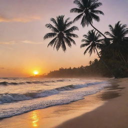 A scenic sunset depicting warm hues engulfing a serene beach with waves gently crashing against the sandy shore, silhouettes of palm trees swaying slightly in the evening breeze.