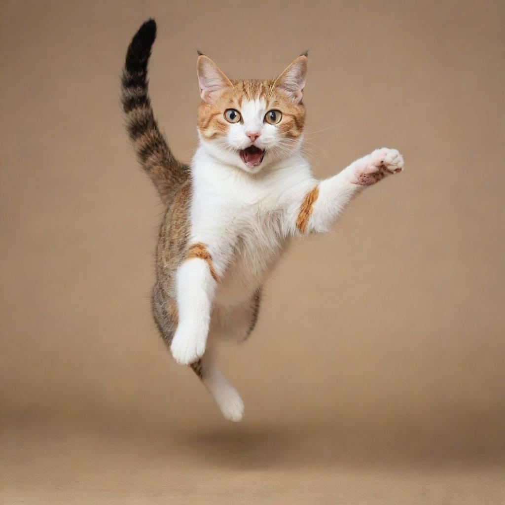 Alter the image of the playful cat to depict it gracefully leaping, with its body extended mid-jump and a look of exhilaration in its eyes.