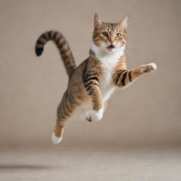 Alter the image of the playful cat to depict it gracefully leaping, with its body extended mid-jump and a look of exhilaration in its eyes.