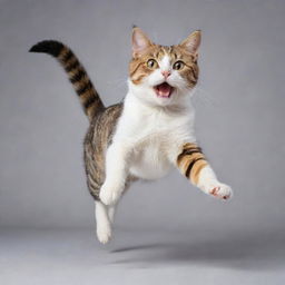 Alter the image of the playful cat to depict it gracefully leaping, with its body extended mid-jump and a look of exhilaration in its eyes.