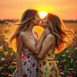 A romantic scene between two beautiful women, sharing a tender kiss under a soft golden sunset