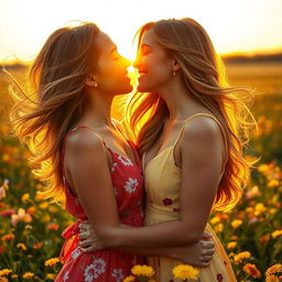 A romantic scene between two beautiful women, sharing a tender kiss under a soft golden sunset