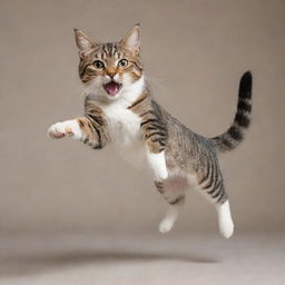 Alter the image of the playful cat to depict it gracefully leaping, with its body extended mid-jump and a look of exhilaration in its eyes.