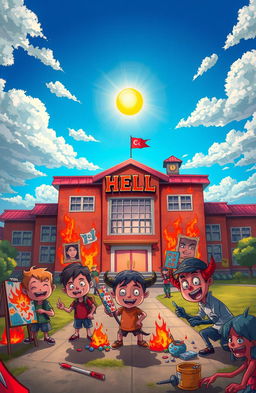 A vibrant school setting titled 'HELL' with a whimsical and slightly edgy atmosphere