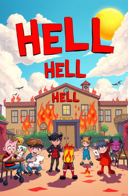 A vibrant school setting titled 'HELL' with a whimsical and slightly edgy atmosphere