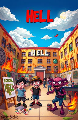 A vibrant school setting titled 'HELL' with a whimsical and slightly edgy atmosphere