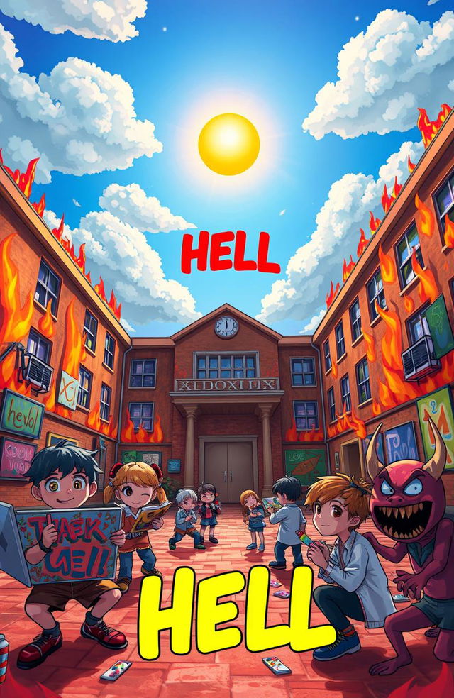 A vibrant school setting titled 'HELL' with a whimsical and slightly edgy atmosphere