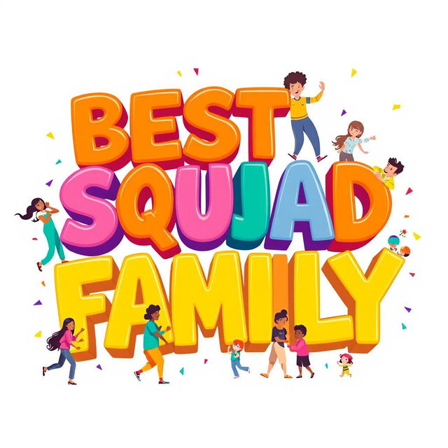 A vibrant and engaging design featuring the text 'BEST SQUAD FAMILY' in bold, playful typography