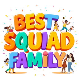 A vibrant and engaging design featuring the text 'BEST SQUAD FAMILY' in bold, playful typography