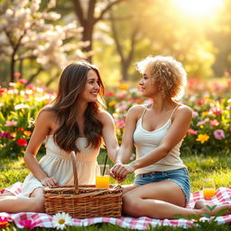 A beautiful lesbian couple sharing a romantic moment in a vibrant park filled with colorful flowers