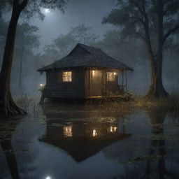 A mysterious dark bayou, featuring an old shack partly submerged in murky waters. Lurking alligators and swamp creatures surround the area under a flickering glow of fireflies, creating an eerie yet enchanting atmosphere.