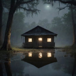 A mysterious dark bayou, featuring an old shack partly submerged in murky waters. Lurking alligators and swamp creatures surround the area under a flickering glow of fireflies, creating an eerie yet enchanting atmosphere.