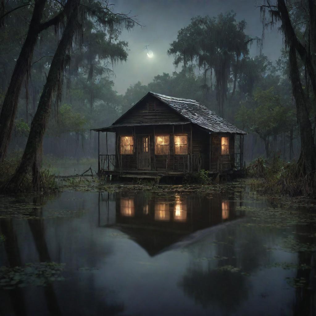 A mysterious dark bayou, featuring an old shack partly submerged in murky waters. Lurking alligators and swamp creatures surround the area under a flickering glow of fireflies, creating an eerie yet enchanting atmosphere.