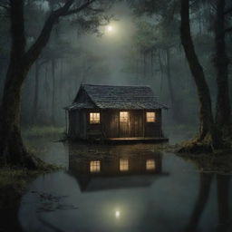 A mysterious dark bayou, featuring an old shack partly submerged in murky waters. Lurking alligators and swamp creatures surround the area under a flickering glow of fireflies, creating an eerie yet enchanting atmosphere.