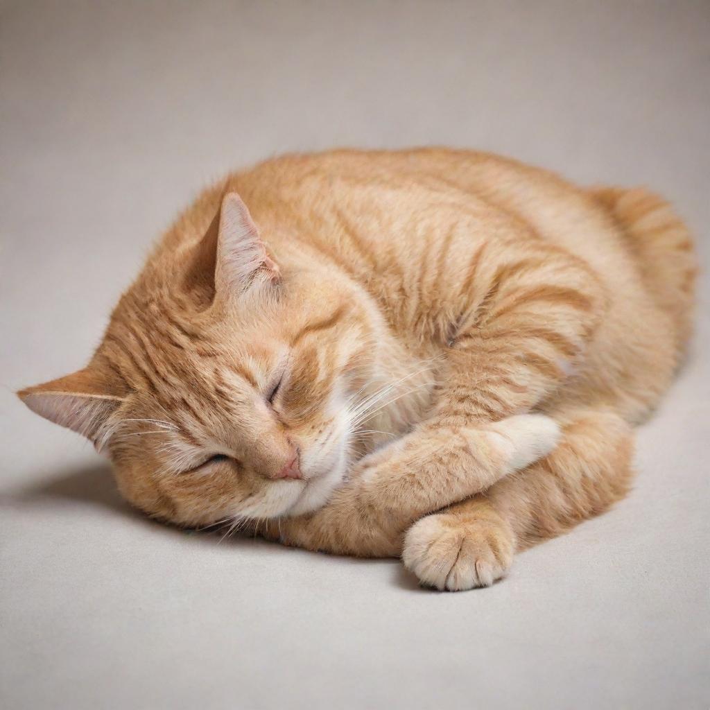 Transform the leaping cat image into a sleeping one, with the cat peacefully curled up, eyes gently closed, and whiskers slightly twitching in its tranquil slumber.