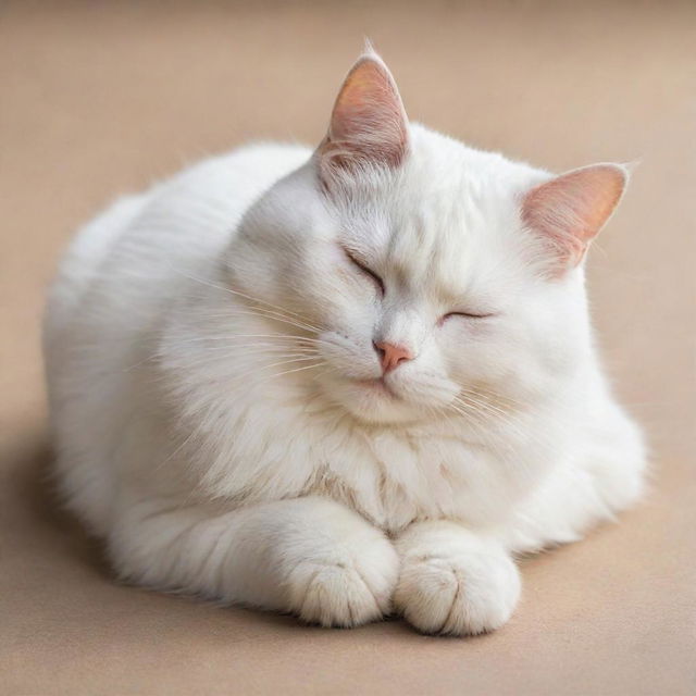 Transform the leaping cat image into a sleeping one, with the cat peacefully curled up, eyes gently closed, and whiskers slightly twitching in its tranquil slumber.