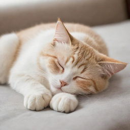 Transform the leaping cat image into a sleeping one, with the cat peacefully curled up, eyes gently closed, and whiskers slightly twitching in its tranquil slumber.