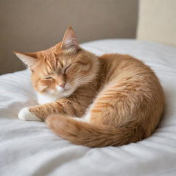 Transform the leaping cat image into a sleeping one, with the cat peacefully curled up, eyes gently closed, and whiskers slightly twitching in its tranquil slumber.