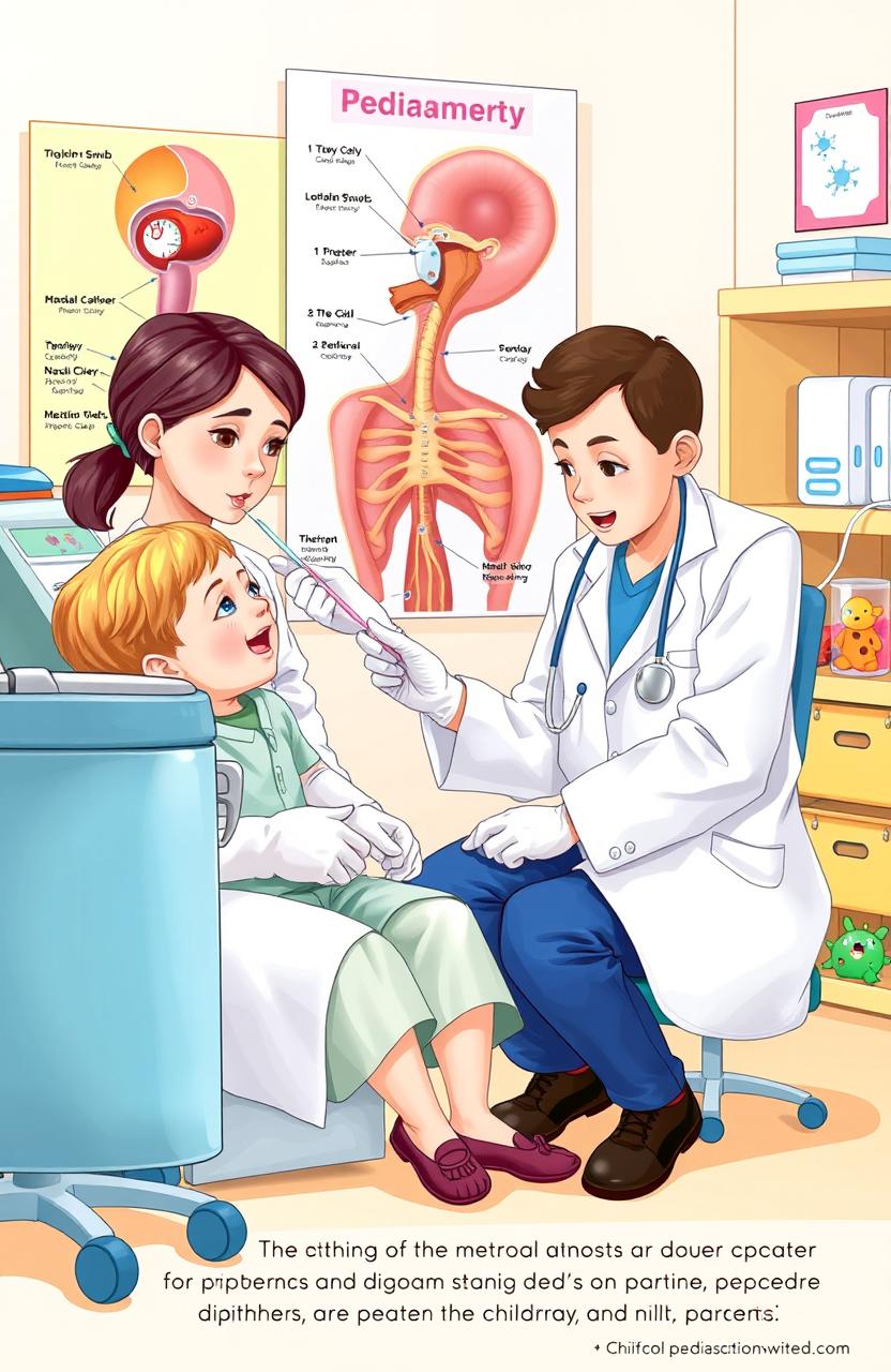 A detailed graphic illustration depicting a medical scene focused on the skills for conducting throat and nasal swabs in pediatric patients, especially in cases of diphtheria