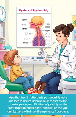 A detailed graphic illustration depicting a medical scene focused on the skills for conducting throat and nasal swabs in pediatric patients, especially in cases of diphtheria