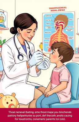 A detailed graphic illustration depicting a medical scene focused on the skills for conducting throat and nasal swabs in pediatric patients, especially in cases of diphtheria