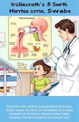A detailed graphic illustration depicting a medical scene focused on the skills for conducting throat and nasal swabs in pediatric patients, especially in cases of diphtheria