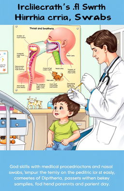 A detailed graphic illustration depicting a medical scene focused on the skills for conducting throat and nasal swabs in pediatric patients, especially in cases of diphtheria