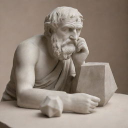 Visual depiction of the concept of logic in a philosophical context. A classical Greek philosopher pondering over a geometrically perfect Platonic solid, a symbol of logical thinking.