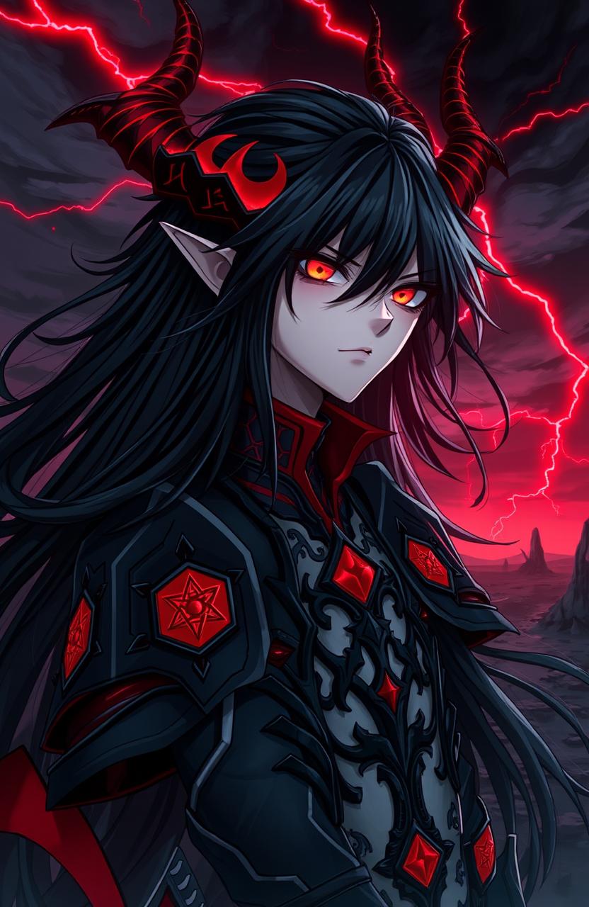 A striking and captivating demonic anime character, featuring sharp, angular facial features with piercing red eyes and long, flowing black hair that contrasts sharply with their pale skin