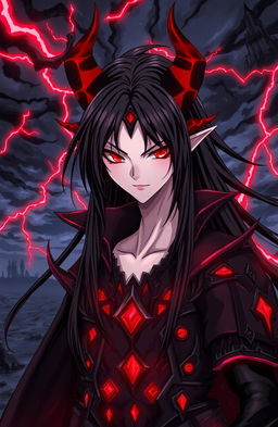 A striking and captivating demonic anime character, featuring sharp, angular facial features with piercing red eyes and long, flowing black hair that contrasts sharply with their pale skin