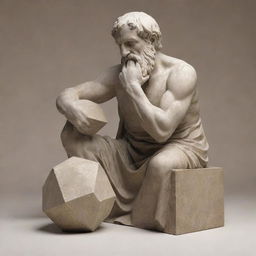 Visual depiction of the concept of logic in a philosophical context. A classical Greek philosopher pondering over a geometrically perfect Platonic solid, a symbol of logical thinking.