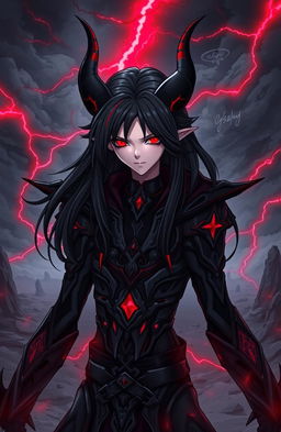 A striking and captivating demonic anime character, featuring sharp, angular facial features with piercing red eyes and long, flowing black hair that contrasts sharply with their pale skin