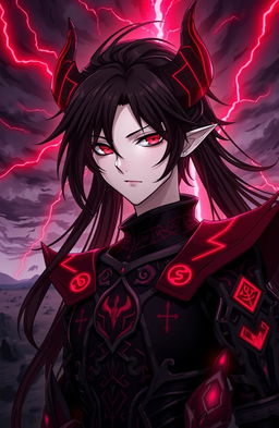 A striking and captivating demonic anime character, featuring sharp, angular facial features with piercing red eyes and long, flowing black hair that contrasts sharply with their pale skin