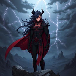 A captivating male lead in a demonic anime style, featuring striking sharp features with glowing red eyes that hint at his powerful nature