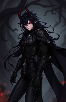 A demonic anime-style male lead with sharp features and striking, glowing red eyes