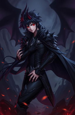 A demonic anime-style male lead with sharp features and striking, glowing red eyes