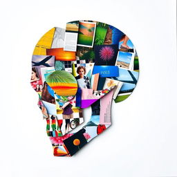 A vibrant and creative collage forming the shape of a skull, made from various magazine cut-outs