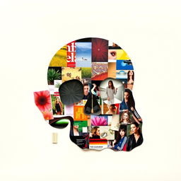 A vibrant and creative collage forming the shape of a skull, made from various magazine cut-outs