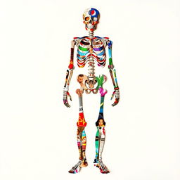 A vibrant and imaginative collage forming the shape of a full-body skeleton, created from an array of magazine cut-outs