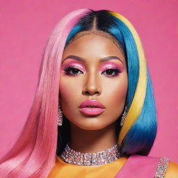 A stylized portrait of Nicki Minaj, highlighting her vibrant fashion and confident persona. Use bright colors and bold lines to capture her larger-than-life image.