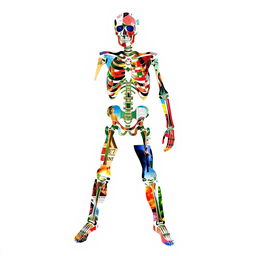 A vibrant and imaginative collage forming the shape of a full-body skeleton, created from an array of magazine cut-outs