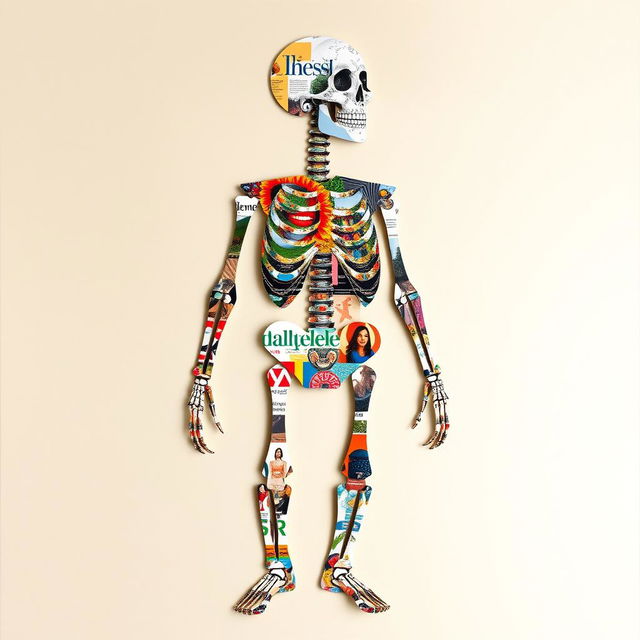 A captivating and imaginative collage forming the full-body shape of a skeleton, crafted from an assortment of magazine cut-outs