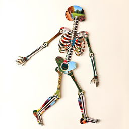 A captivating and imaginative collage forming the full-body shape of a skeleton, crafted from an assortment of magazine cut-outs